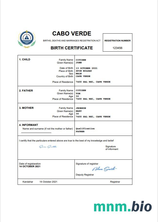 Cabo Verde rekord życiowy narodziny certyfikat Word i PDF szablon